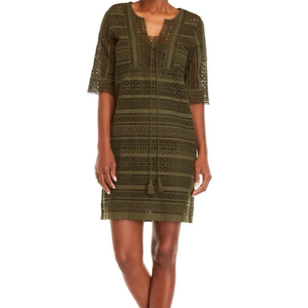 Figue Green Eyelet Elbow Sleeve V Neck Tassel Ties Slip Marlin Dress XS NWT